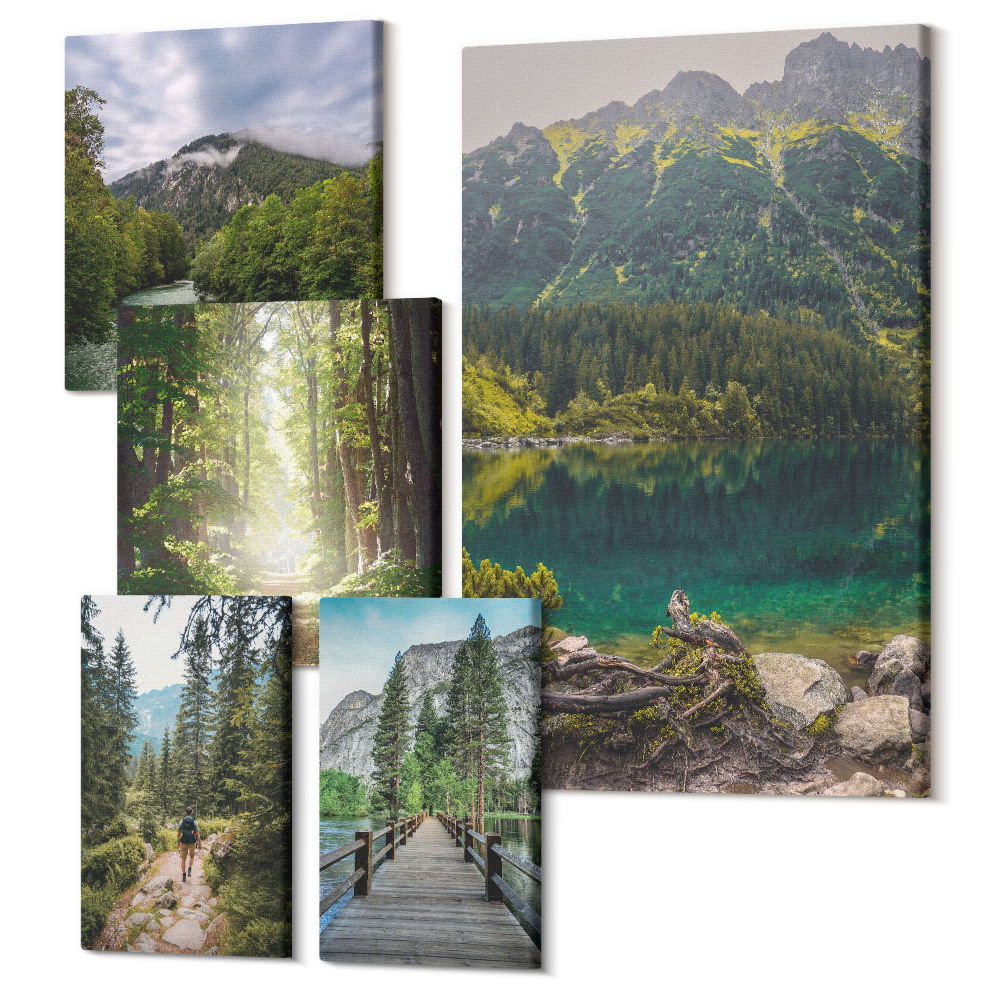 Sada obrazov pentaptych Prírodná horská krajina a lesné turistické chodníky