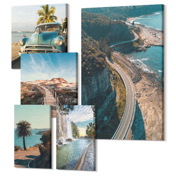 Sada obrazov na stenu pentaptych Cestujte krajinou s autami a prírodou