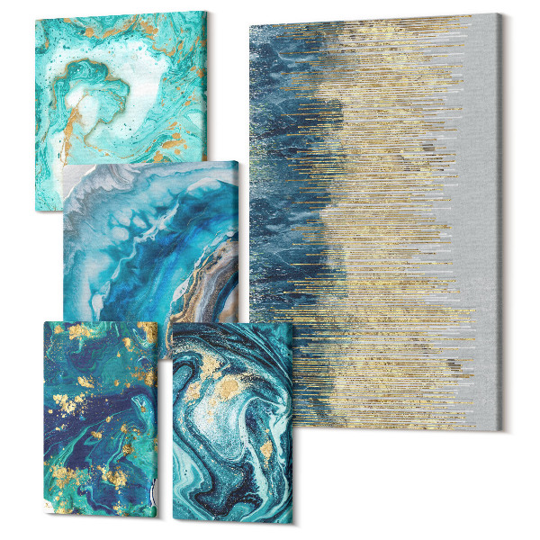Sada obrazov pentaptych Abstraktné kompozície v odtieňoch modrej a zelenej
