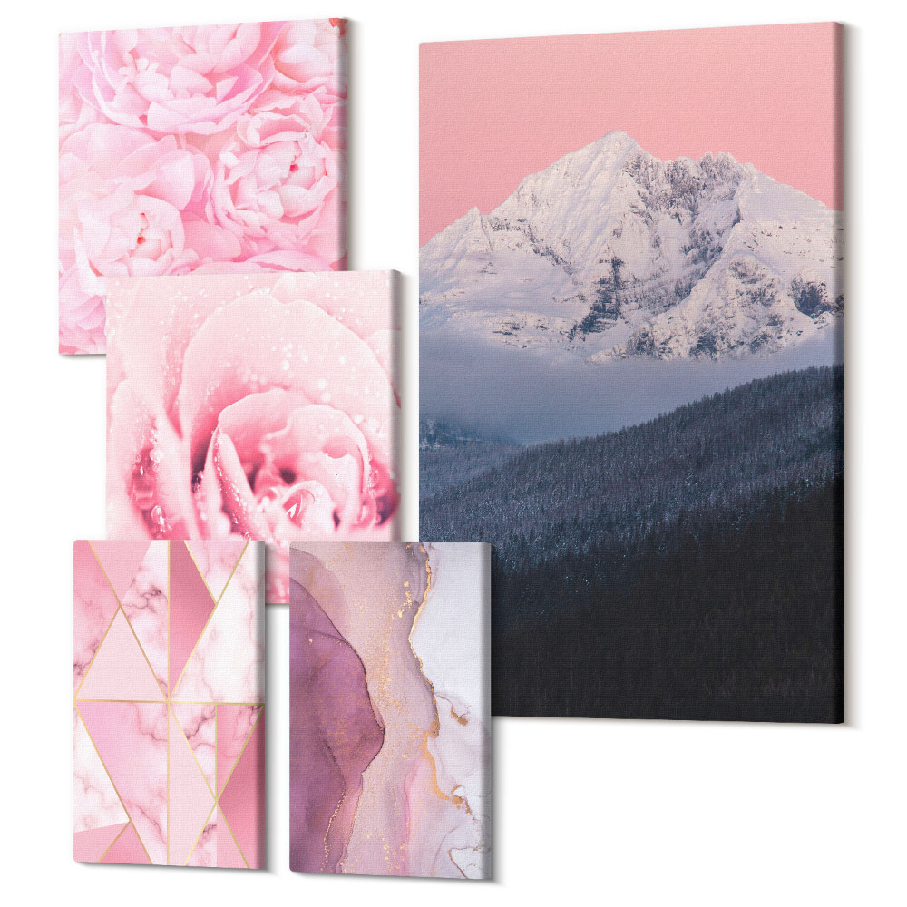 Sada obrazov na stenu pentaptych Ružové krajinky a kvety v modernom štýle