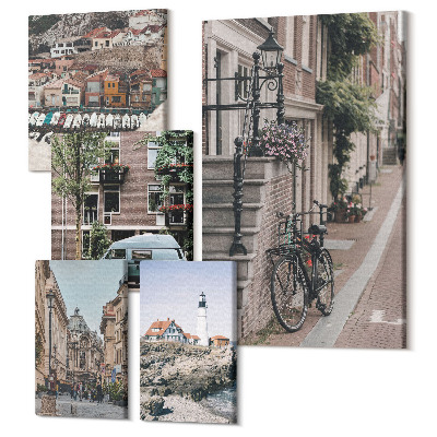 Sada obrazov pentaptych Očarujúce uličky s bicyklami a výhľadom na majáky