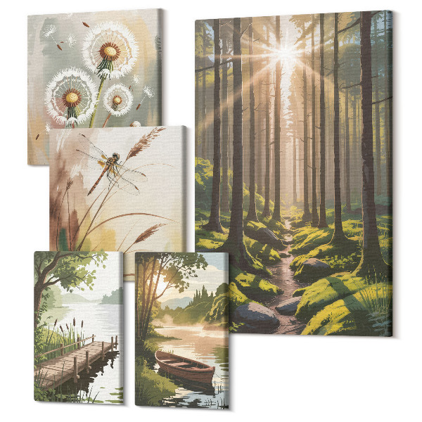 Sada obrazov pentaptych Lesná krajina s prírodou a pokojom v pozadí