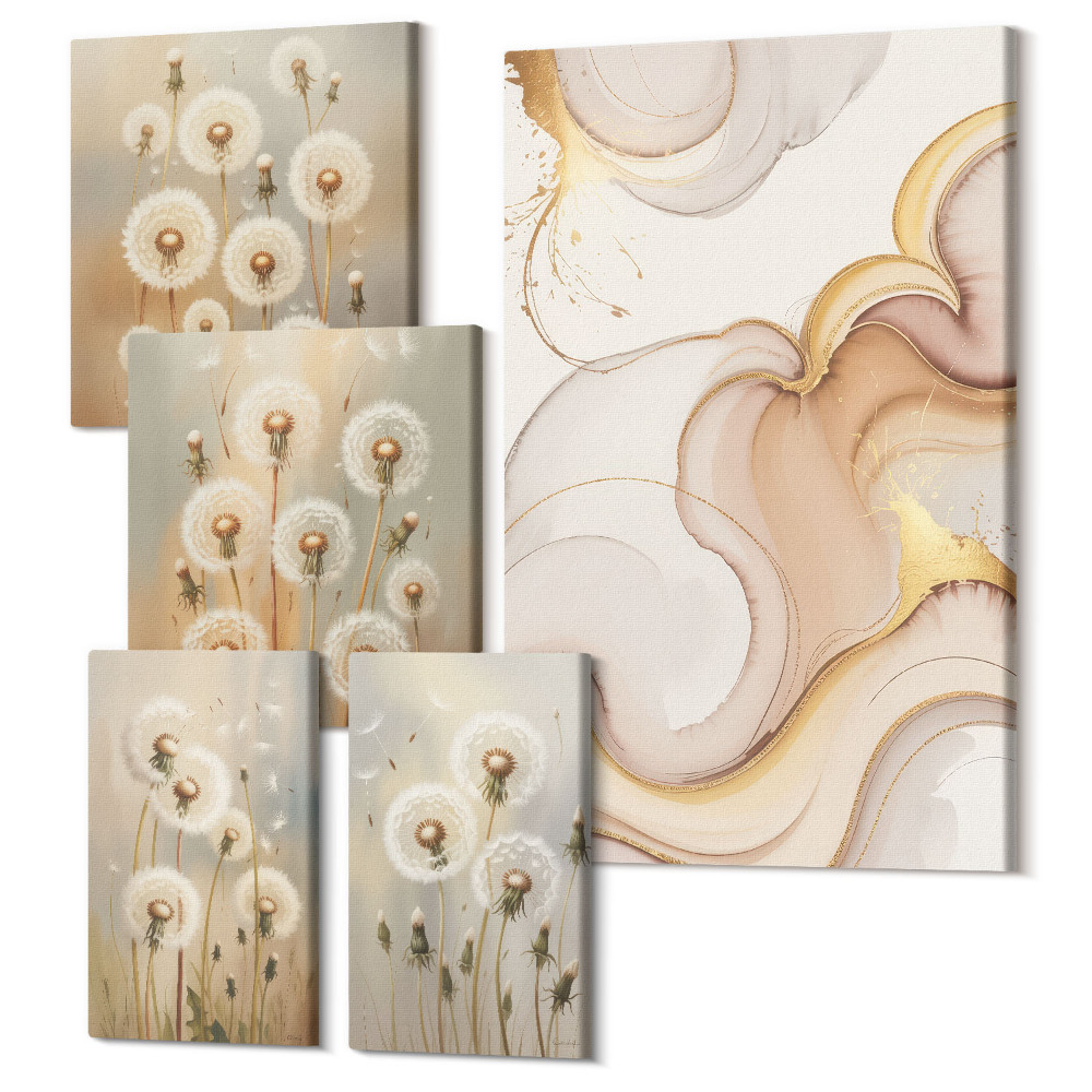 Sada 5 obrazov Kvetinové motívy v jemných odtieňoch prírody