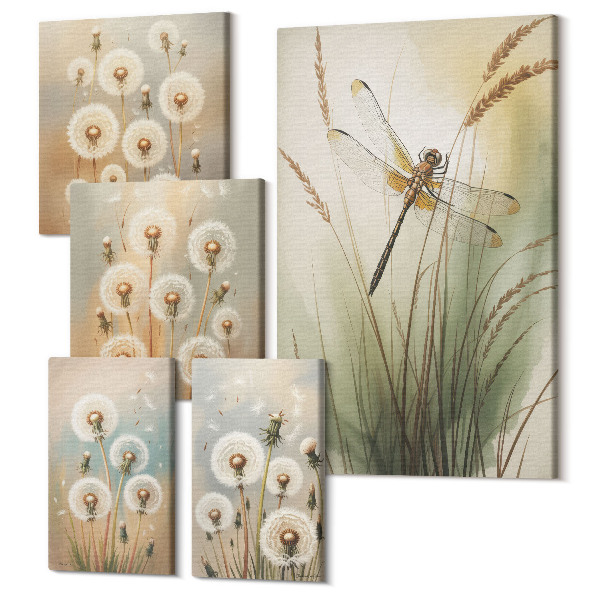 Sada obrazov pentaptych Rastlinné motívy s vážkami a púpavami v prírodnom štýle