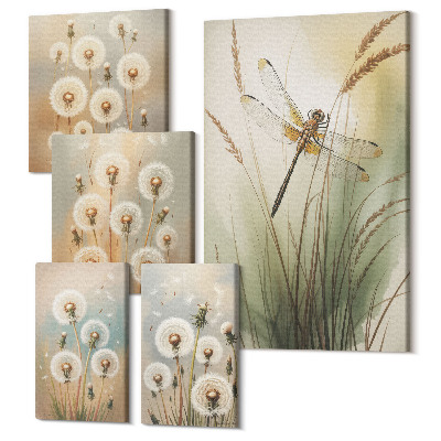 Sada obrazov pentaptych Rastlinné motívy s vážkami a púpavami v prírodnom štýle