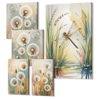 Sada obrazov na stenu pentaptych Kvetinové motívy s vážkami v jemnom, prírodnom štýle