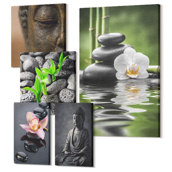 Sada obrazov pentaptych Relaxačná zenová atmosféra s kameňmi a kvetmi
