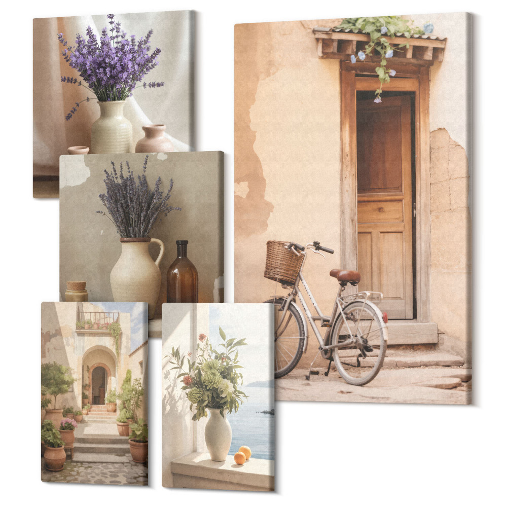 Sada obrazov na stenu pentaptych Štýlové interiéry s kvetinovými motívmi a bicyklom