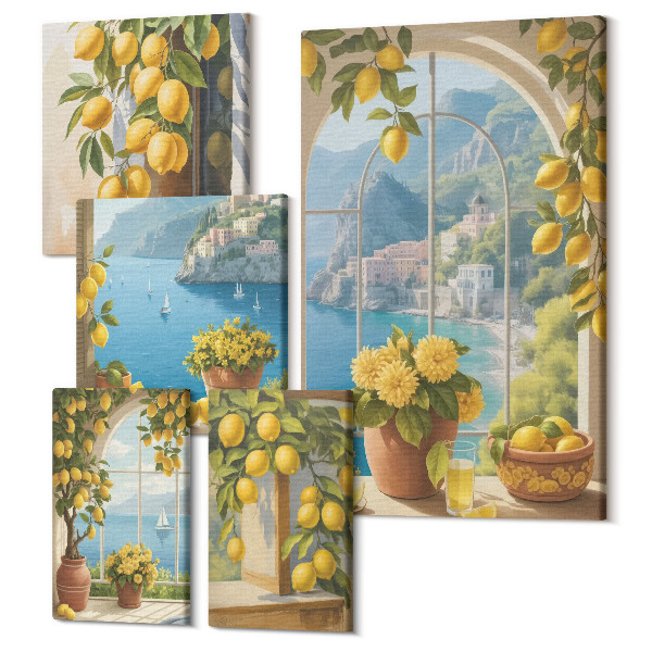 Sada obrazov na stenu pentaptych Citrónové akcenty v provensálskom štýle s výhľadom na more