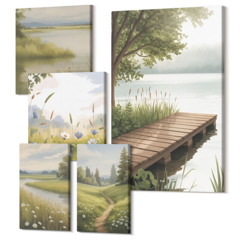 Sada obrazov pentaptych Pokojná prírodná krajina s dreveným mólom a lúkami