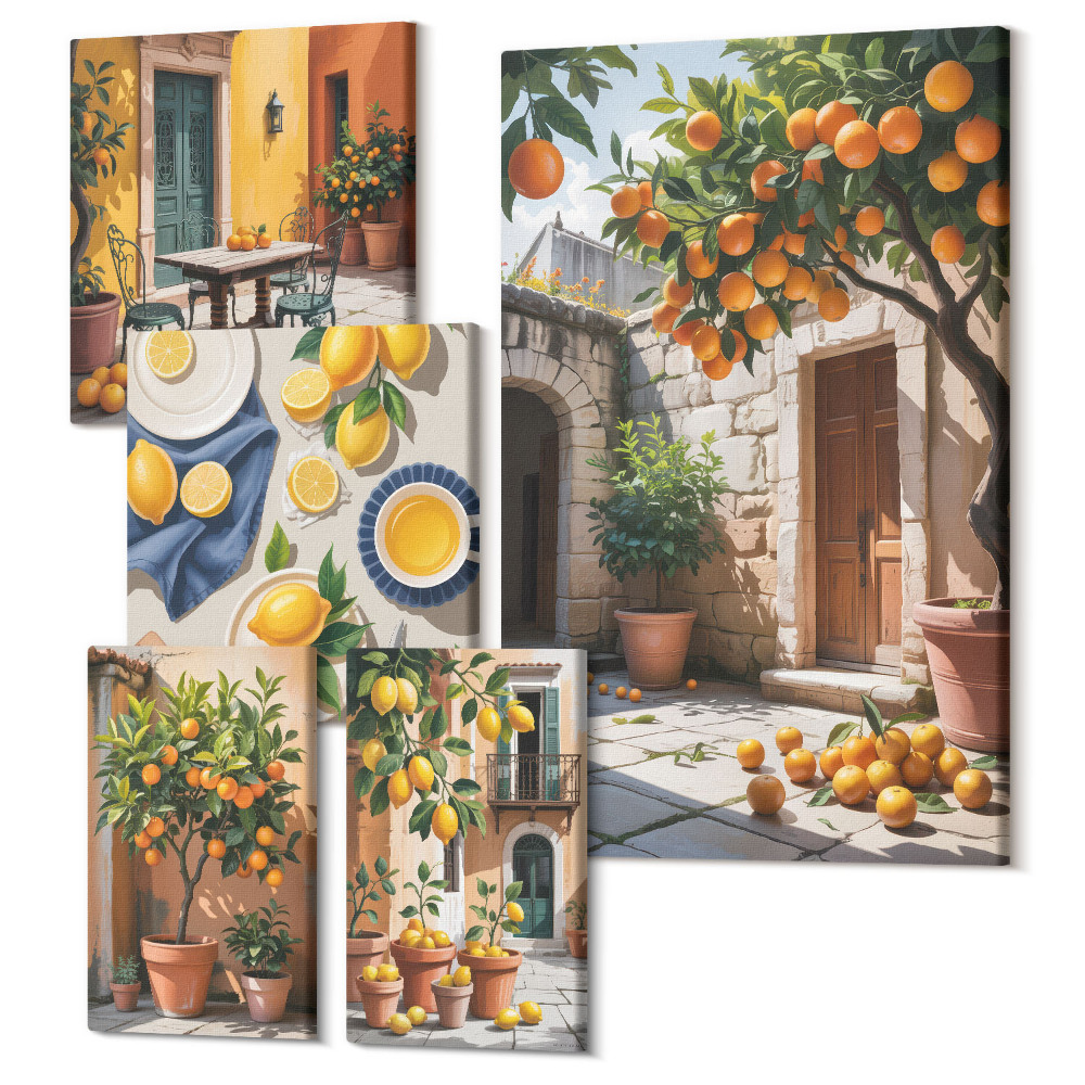 Sada obrazov na stenu pentaptych Citrusové plody v slnečných záhradách a na terasách