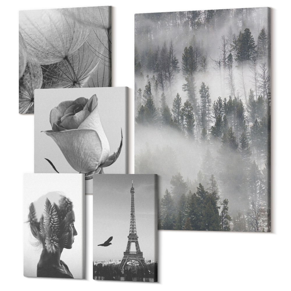 Sada 5 obrazov Čiernobiele inšpirácie prírodou a európskym mestom