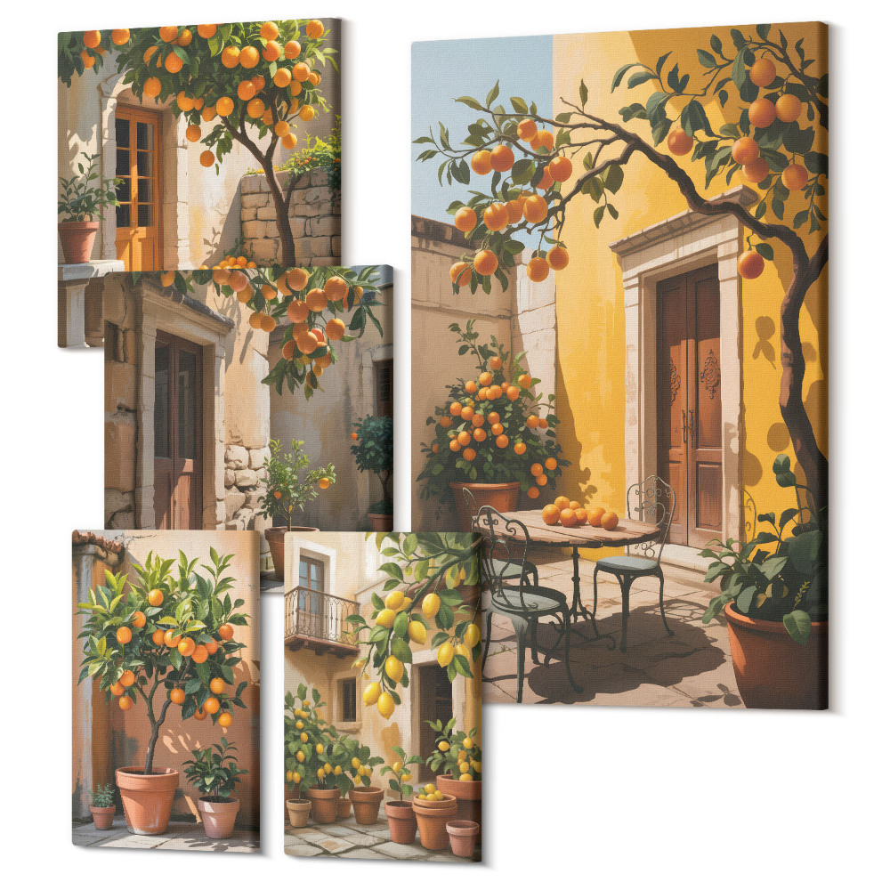 Sada obrazov pentaptych Citrusové plody v slnečných záhradách a terasách