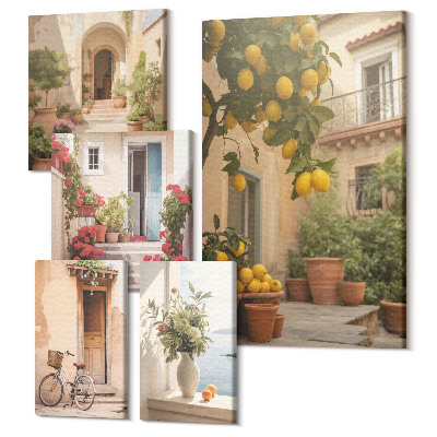 Sada obrazov na stenu pentaptych Atmosférické uličky s kvetmi a citrusovými stromami v provensálskom štýle