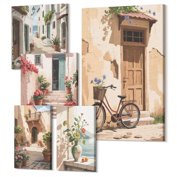 Sada 5 obrazov Očarujúce uličky s bicyklami a črepníkovými kvetmi