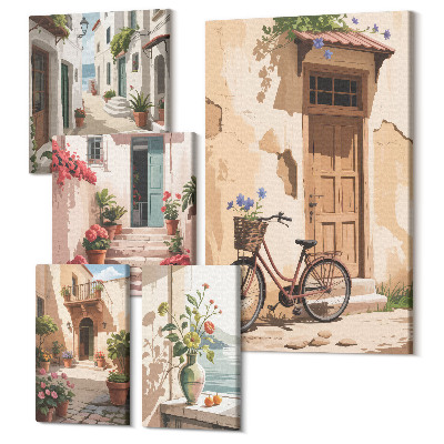 Sada 5 obrazov Očarujúce uličky s bicyklami a črepníkovými kvetmi
