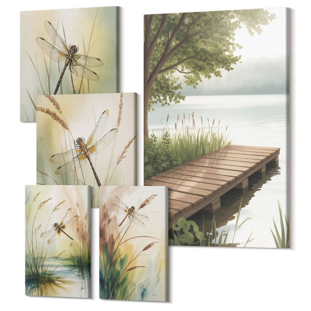 Sada 5 obrazov Pokojná krajina s vážkami nad vodou a pobrežím