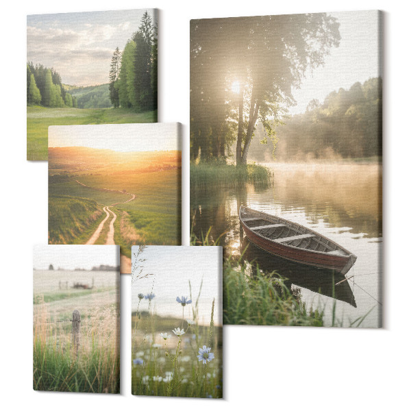 Sada obrazov na stenu pentaptych Pokojná prírodná krajina s vodou a zeleňou