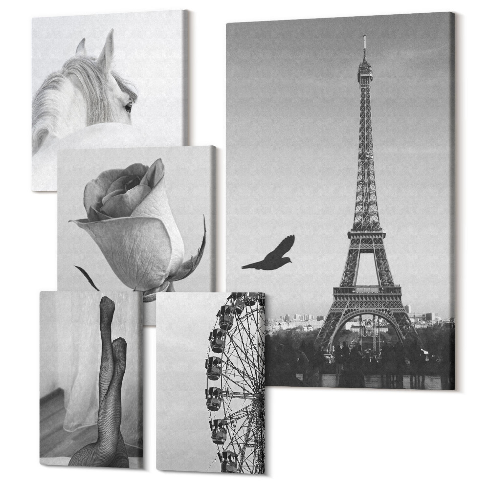 Sada obrazov na stenu pentaptych Štýlové čiernobiele obrázky Paríža a elegancie