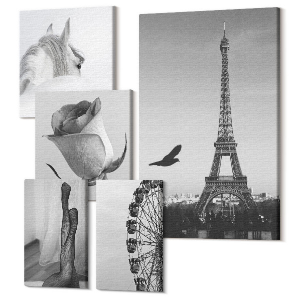 Sada obrazov na stenu pentaptych Štýlové čiernobiele obrázky Paríža a elegancie