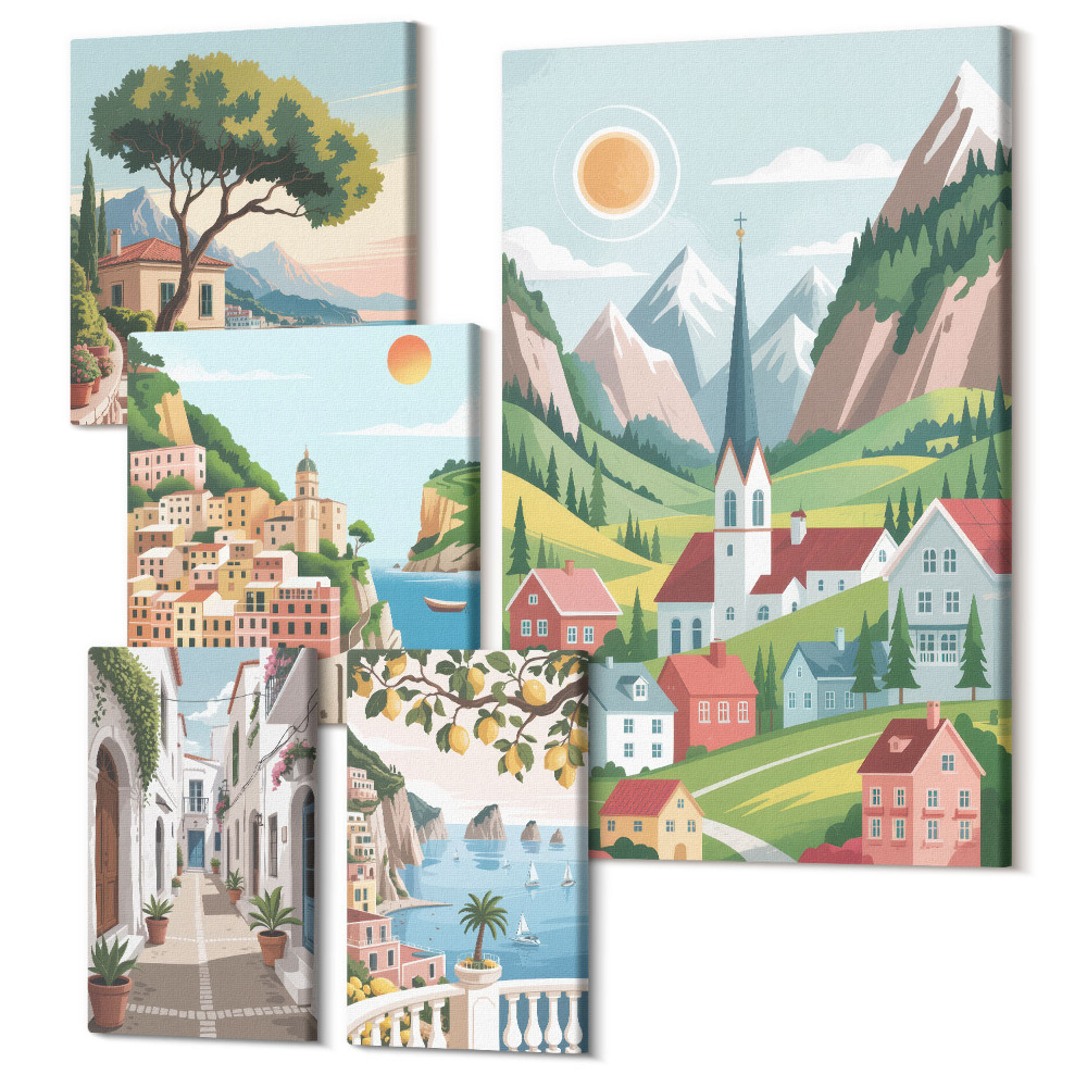 Sada obrazov pentaptych Očarujúce horské krajiny a prímorské mestečká