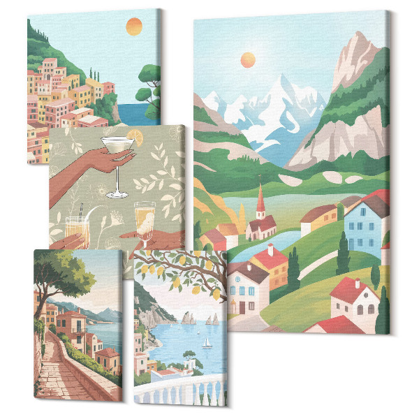 Sada obrazov na stenu pentaptych Očarujúca krajina a chvíle oddychu pod holým nebom