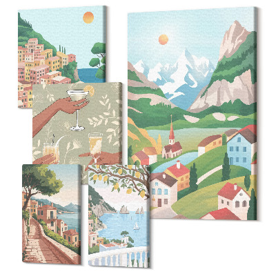 Sada obrazov na stenu pentaptych Očarujúca krajina a chvíle oddychu pod holým nebom