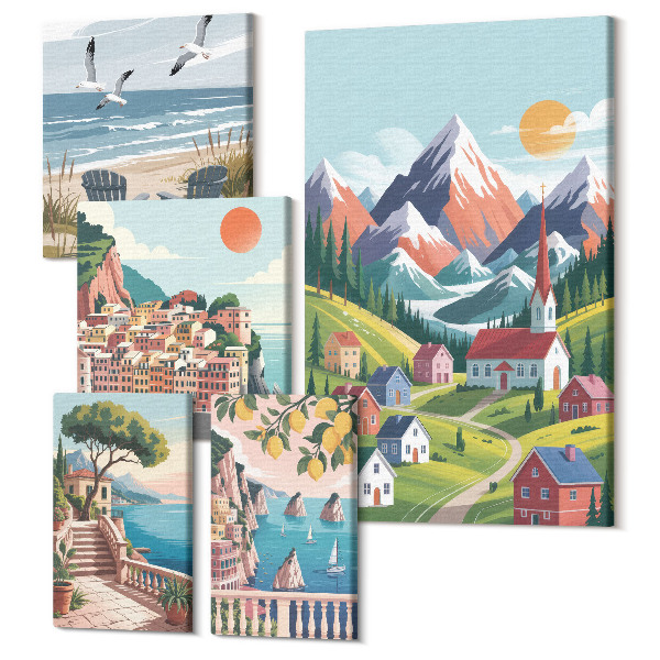 Sada 5 obrazov Horské a prímorské krajiny v retro štýle