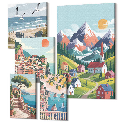 Sada 5 obrazov Horské a prímorské krajiny v retro štýle