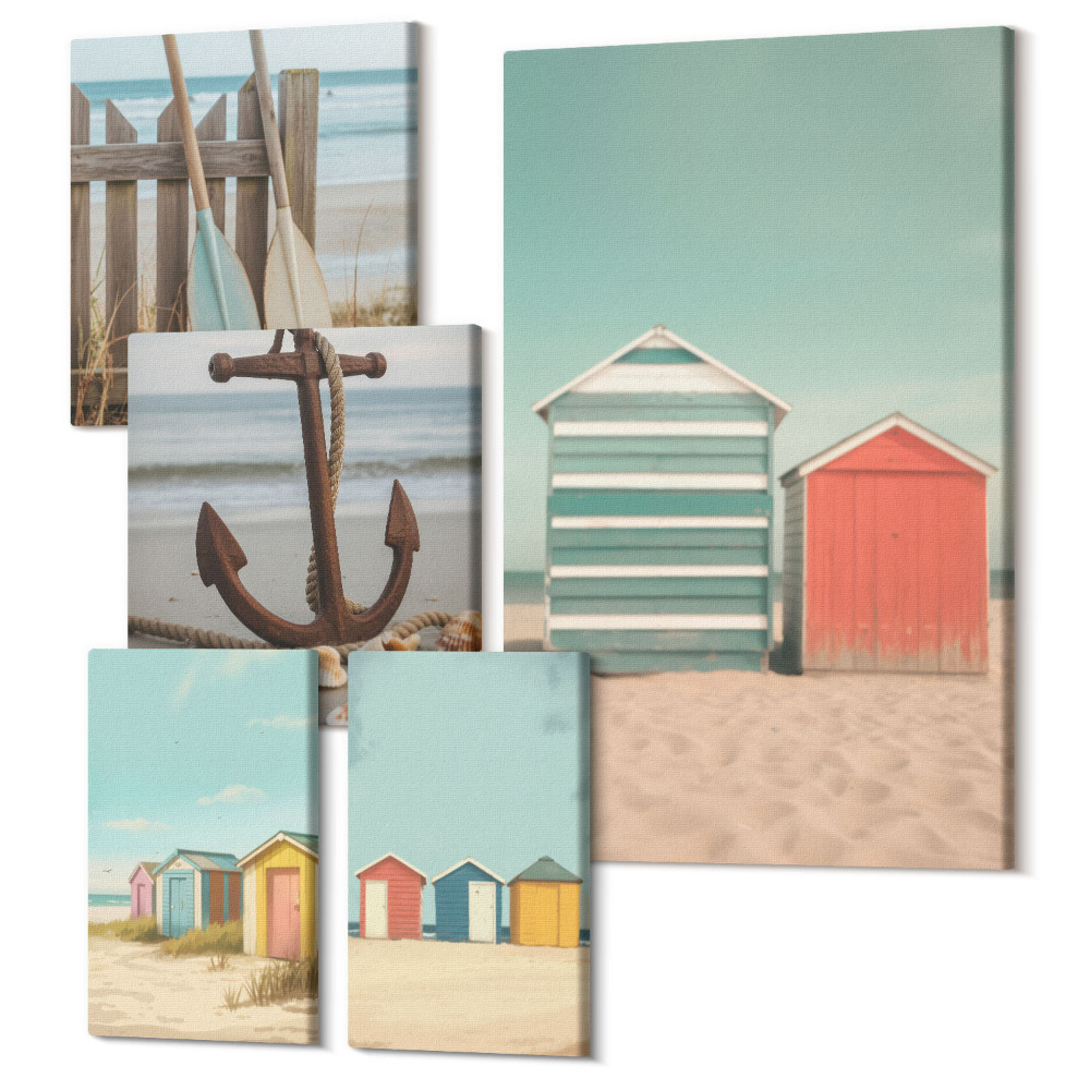 Sada obrazov na stenu pentaptych Štýlové plážové domčeky s námornými prvkami a doplnkami