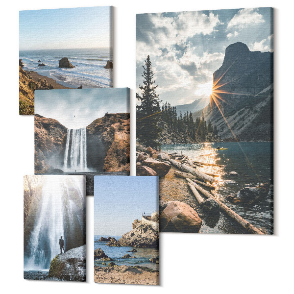 Sada obrazov pentaptych Prírodná krajina s vodopádmi a malebnými plážami