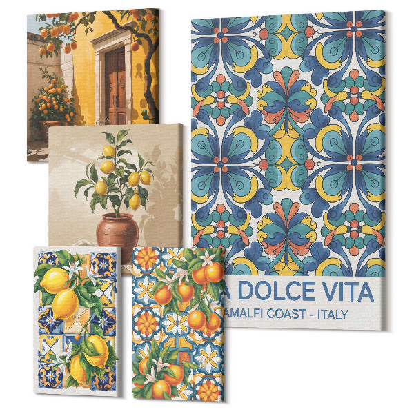 Sada obrazov pentaptych Talianske citrusové motívy v stredomorskom štýle