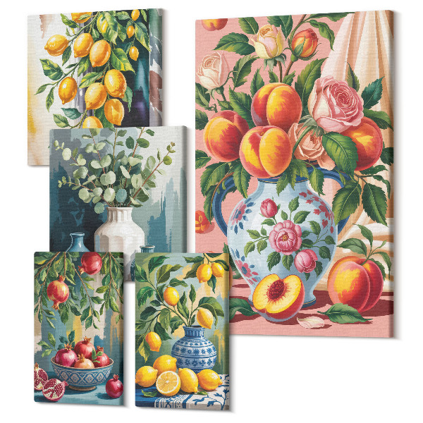 Sada 5 obrazov Ovocné kompozície s kvetmi a keramickými nádobami