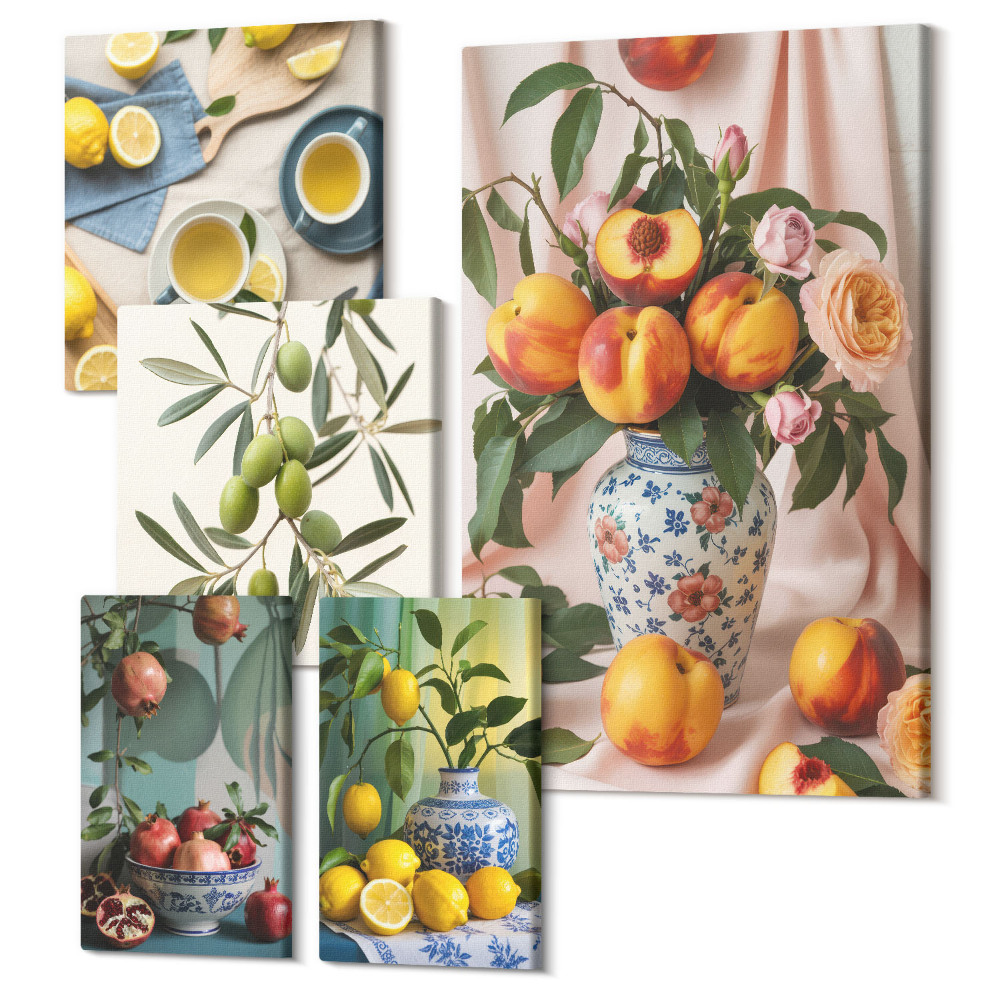 Sada obrazov pentaptych Ovocie a kvety v rustikálnom štýle na dekoráciu interiéru
