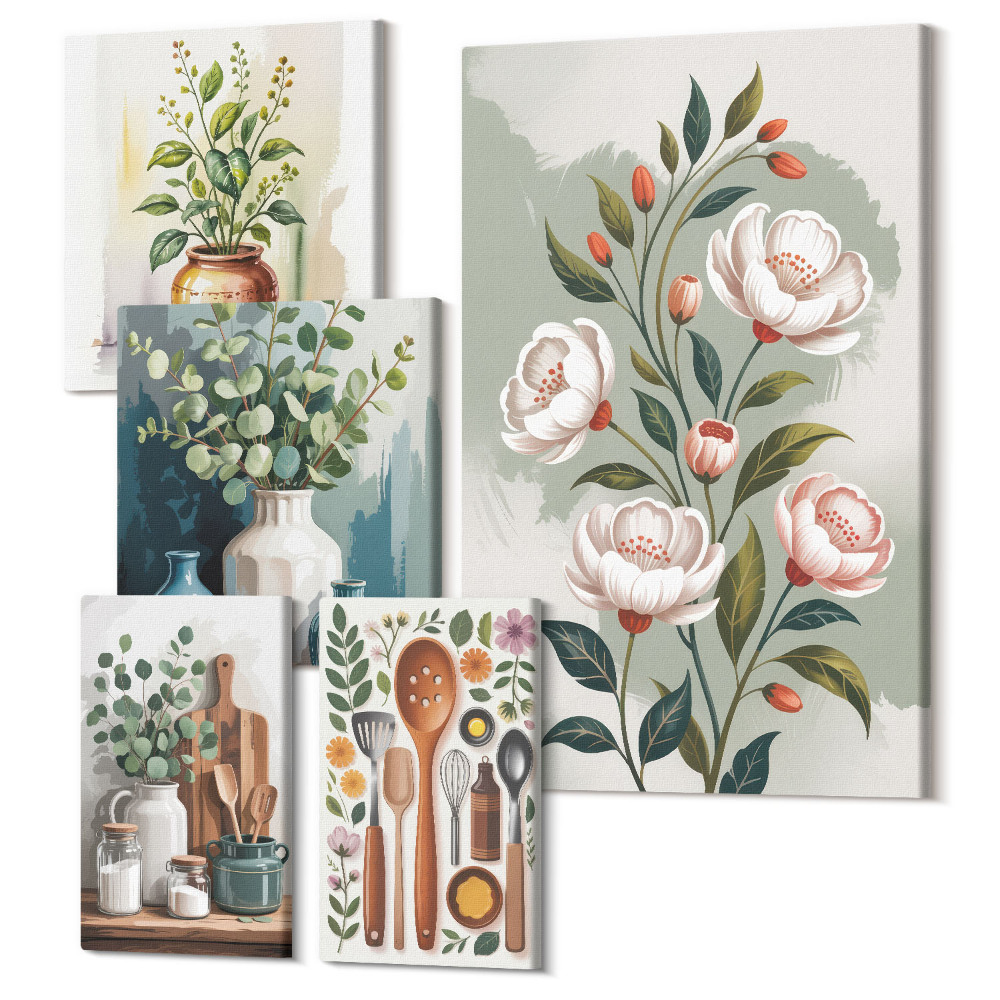 Sada 5 obrazov Štýlové dekorácie s rastlinnými motívmi a kuchynskými doplnkami