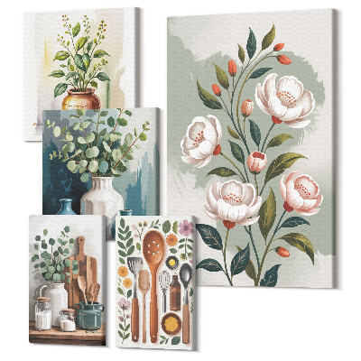 Sada 5 obrazov Štýlové dekorácie s rastlinnými motívmi a kuchynskými doplnkami