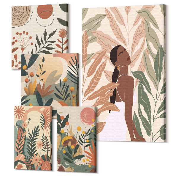 Sada 5 obrazov Boho štýl s figúrkami a rastlinnými motívmi
