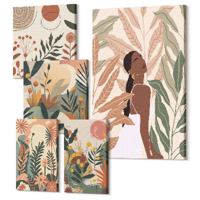 Sada 5 obrazov Boho štýl s figúrkami a rastlinnými motívmi