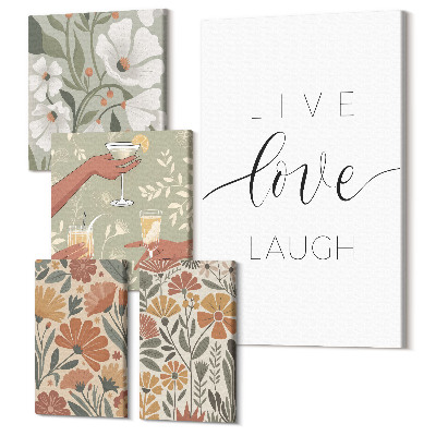 Sada obrazov na stenu pentaptych Štýlová grafika s kvetinovými motívmi a pozitívnymi sloganmi