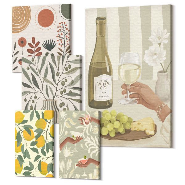 Sada 5 obrazov Štýlové dekorácie s vínnou a botanickou tematikou