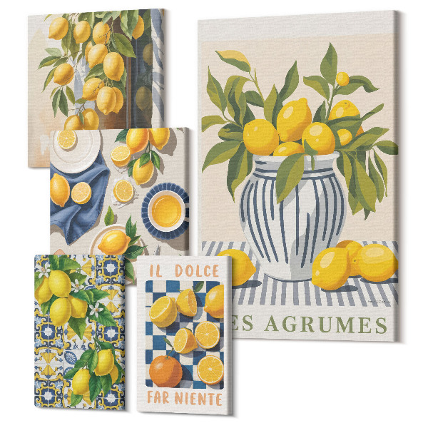Sada obrazov pentaptych Citrusové inšpirácie v nástenných dekoráciách v provensálskom štýle