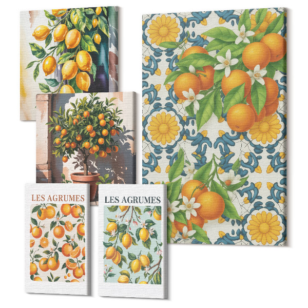Sada obrazov na stenu pentaptych Citrusové inšpirácie s ovocím a kvetmi vo vintage štýle