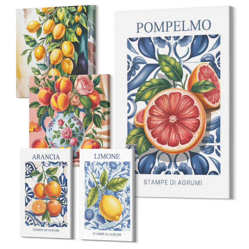 Sada obrazov na stenu pentaptych Slnečné akcenty s citrusovými plodmi vo vintage štýle