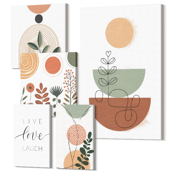 Sada obrazov pentaptych Štýlová grafika s rastlinnými motívmi a geometrickými tvarmi