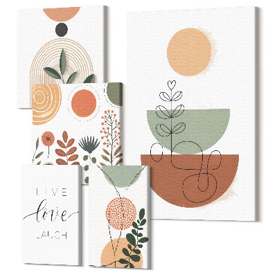 Sada obrazov pentaptych Štýlová grafika s rastlinnými motívmi a geometrickými tvarmi