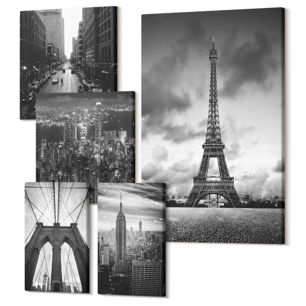 Sada obrazov na stenu pentaptych Čiernobiele architektonické ikony z miest po celom svete