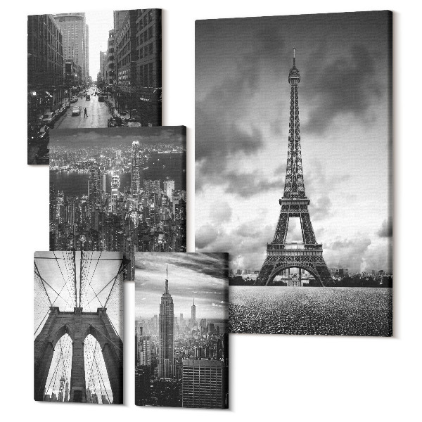 Sada obrazov na stenu pentaptych Čiernobiele architektonické ikony z miest po celom svete