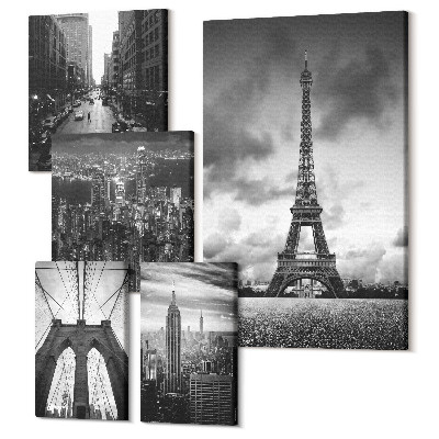 Sada obrazov na stenu pentaptych Čiernobiele architektonické ikony z miest po celom svete