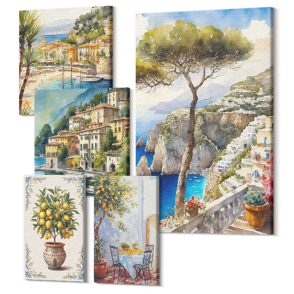 Sada 5 obrazov Štýlový výhľad na talianske prímorské mestá a krajinu