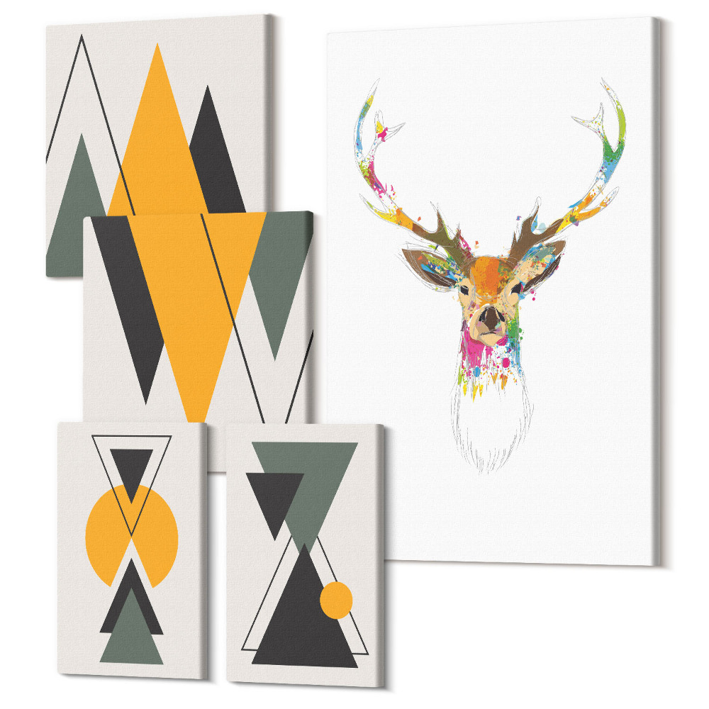 Sada obrazov pentaptych Boho štýl s farebnými zvieracími a geometrickými motívmi